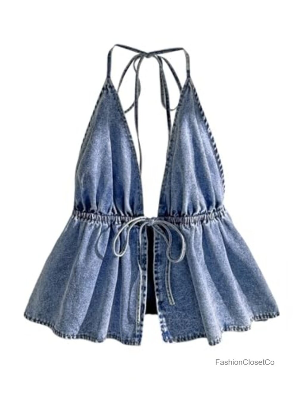 Plus Size Denim Halter Neck Tie Front Ruffle Hem Peplum Camisole Tank Top